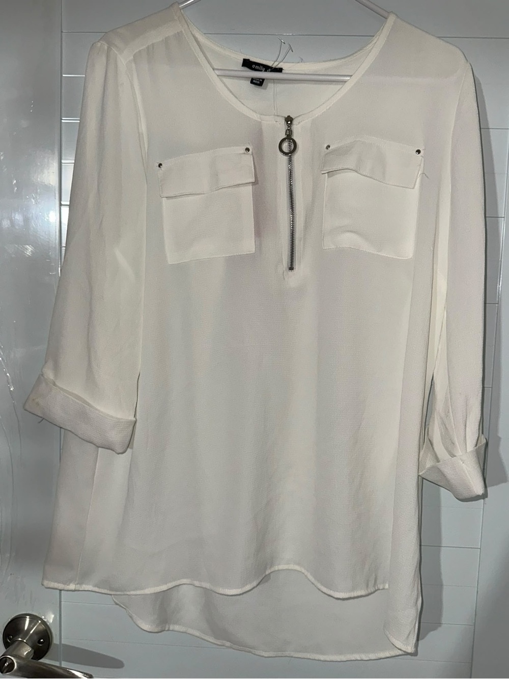 Chiffon Zip-Pocket Tunic Top in White - Stylish Women's Blouse